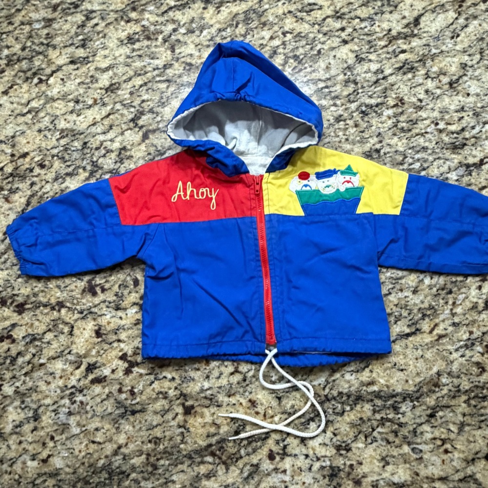 Vintage Weather Tamer Kids Ahoy Nautical Color Block Hooded Jacket Blue 6/9M